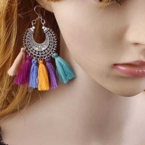 Colorful Boho Tassle Hoop Earrings - Picture 2 of 3